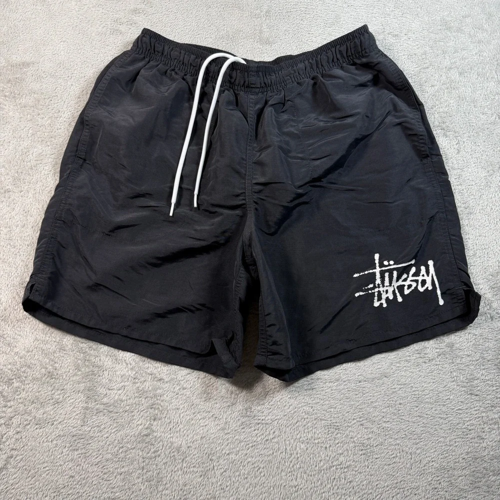 Stussy Big Basic Water Shorts Mens Small Black Nylon Swim Trunks Summer
